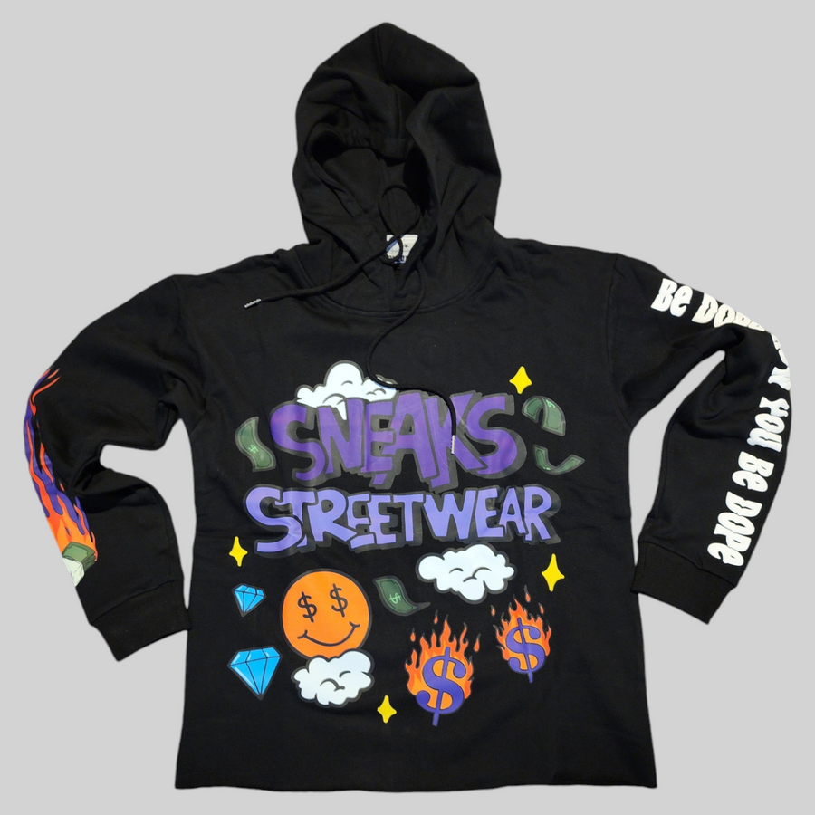 Sneaks Streetwear Maximalist Raw Hem Crop Black Graphic Hoodie