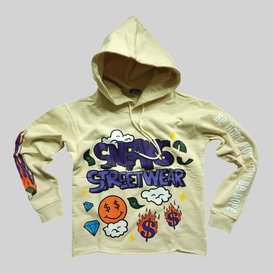 Sneaks Streetwear Maximalist Raw Hem Cream Graphic Hoodie