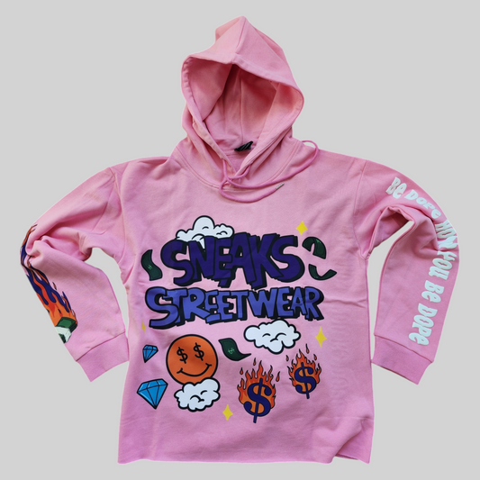 Sneaks Streetwear Maximalist Raw Hem Crop Pink Graphic Hoodie