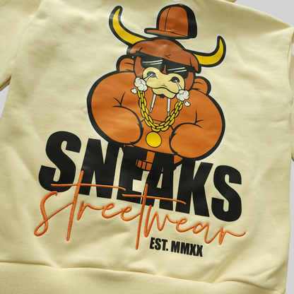 Sneaks Streetwear Big Bull Logo Oversized Cream Hoodie