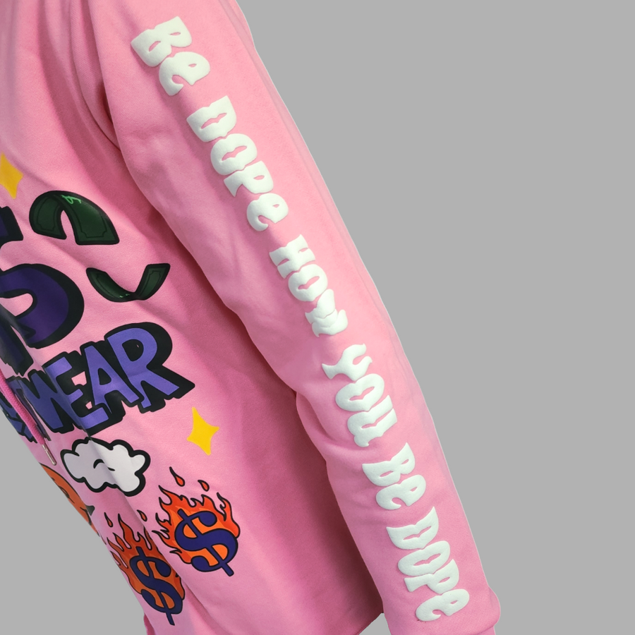 Sneaks Streetwear Maximalist Raw Hem Crop Pink Graphic Hoodie