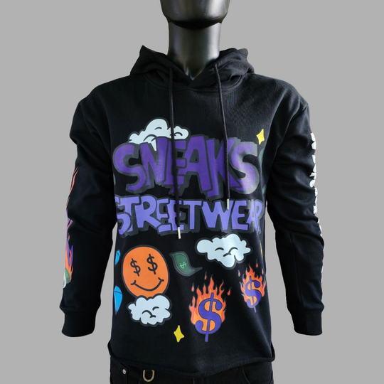 Sneaks Streetwear Maximalist Raw Hem Crop Black Graphic Hoodie