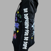 Sneaks Streetwear Maximalist Raw Hem Crop Black Graphic Hoodie