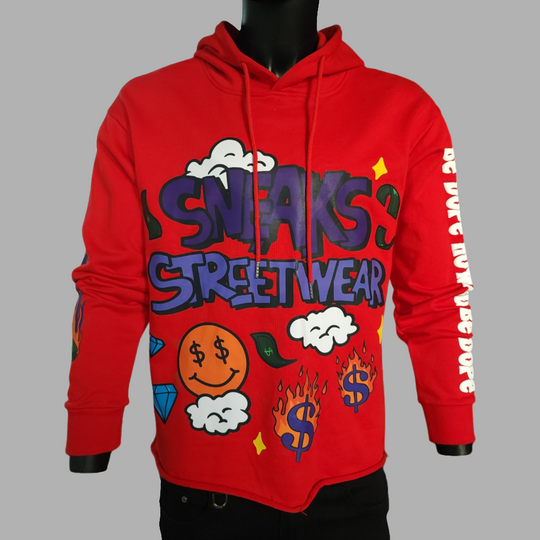 Sneaks Streetwear Maximalist Raw Hem Crop Red Graphic Hoodie