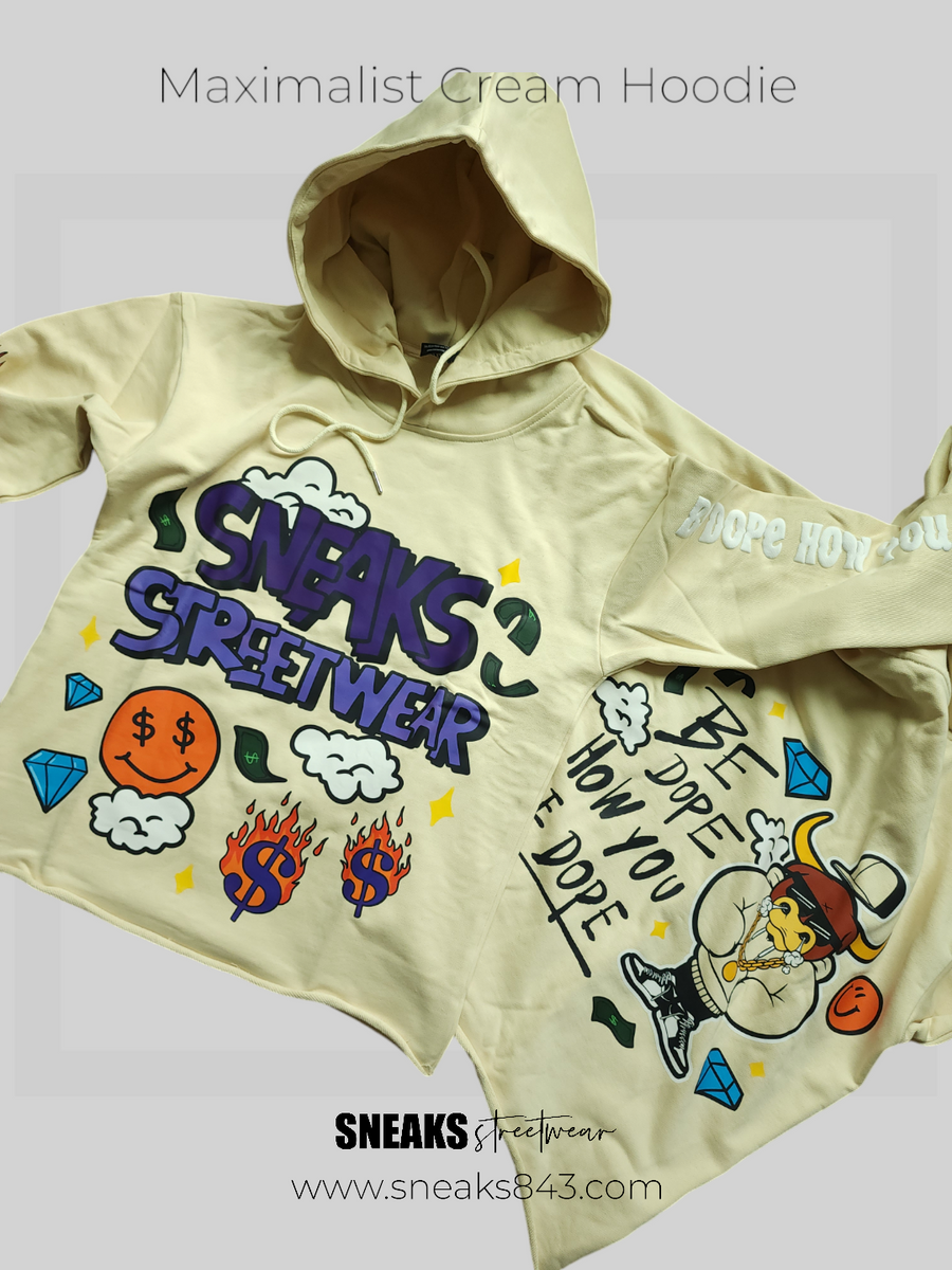 Sneaks Streetwear Maximalist Raw Hem Cream Graphic Hoodie