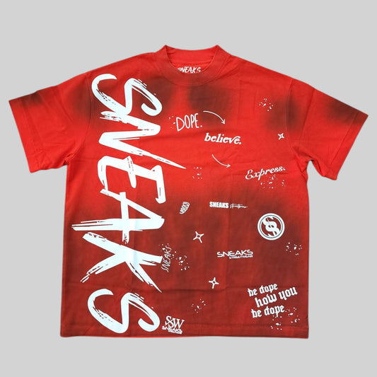 Sneaks Streetwear All Over Logo Oversized Red Graphic T-shirt - Sneaks Streetwear